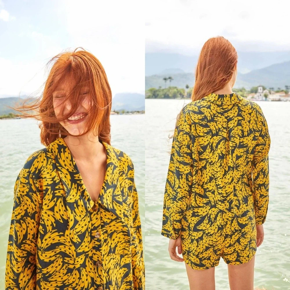 NWT Farm Rio Black Spotted Banana Linen Romper - Picture 2 of 6